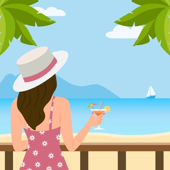 Beach scene. Happy girl with cocktail glass looking at the sea.Tropical beach landscape. Summer vacation. vector