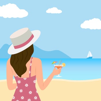 girl with cocktail glass looking at the sea.Summer vacation. vector
