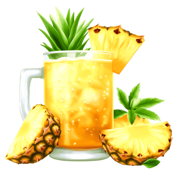 Refreshing Tropical Drink with Pineapple Slices and Leaves in a Glass Mug png