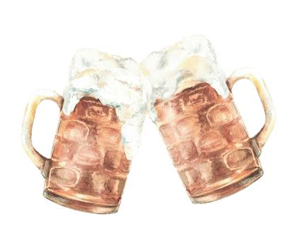 Two toasting beer mugs with splash foamy drinks watercolor illustration. Pint of ale, craft beer. Traditional beverage at Oktoberfest festival, bar, pub. Hand drawn isolated clipart for card, flyer. png