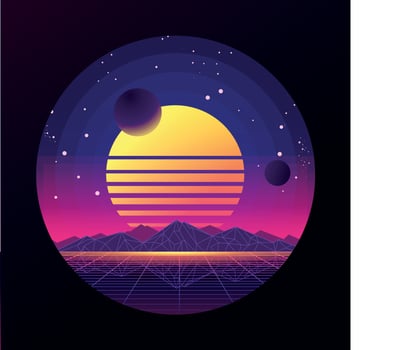 Neon Sunset Over a Digital Mountain Landscape. A futuristic and retro-inspired illustration of a neon-colored sunset with a grid-like mountain landscape. vector