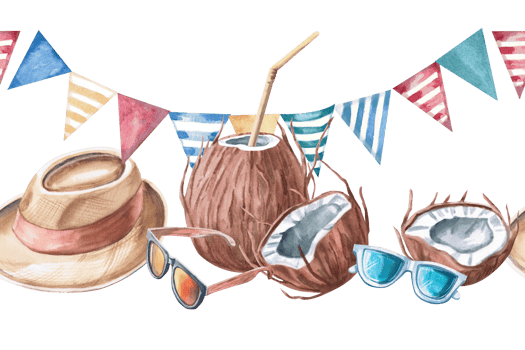 Seamless border with coconut, flags, hat, glasses. Isolated watercolor illustration on holiday theme for seaside restaurant design, menu, fabric print and posters. png