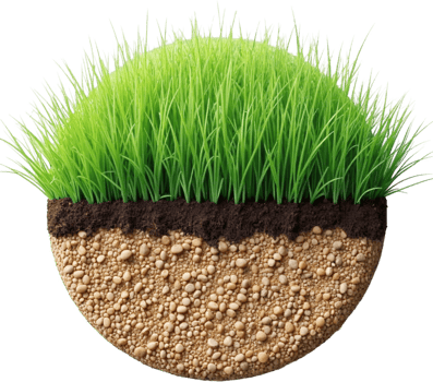 A circular cross-section shows lush green grass atop dark soil and light-brown subsoil. png