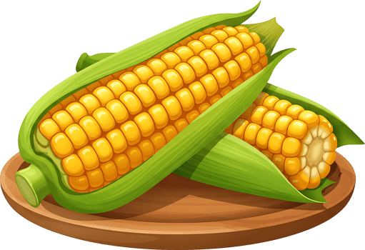 Two ears of corn rest on a wooden plate. png