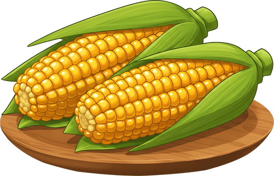 Two ears of corn sit on a wooden board. png
