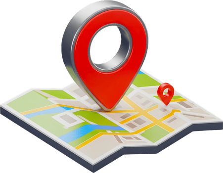 A 3D red map pin hovers over a stylized map. png
