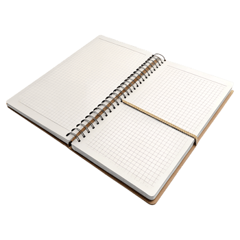 Open spiral bound grid notebook with a beige bookmark ready for notes and ideas png