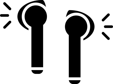 Illustration of modern wireless earphones depicted in simple line art with sound waves emanating, emphasizing technology and audio png