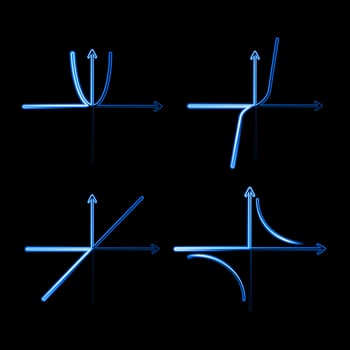 Illustration of a set of algebraic symbols with neon effect. Hyperbola and parabola on a coordinate system. vector