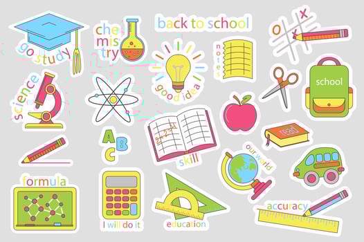 School stickers set in flat design. Collection labels with graduation cap, study, chemistry, idea, schoolbag, microscope, atom, book, apple, bus, blackboard, calculator, other. illustration. vector
