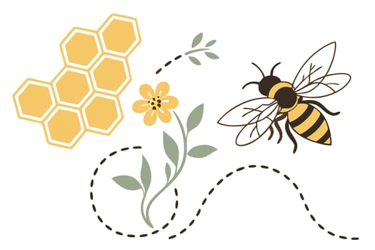 Honeycomb, Bee, and Flower with Dotted Flight Path on White Background vector
