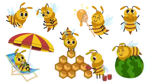 Children's cartoon bees set. Bees work and rest, carry pollen, build honeycombs and make honey. Different poses and emotions. Cute children's characters. vector