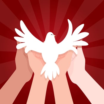 White flying dove symbol of the Holy Spirit on hands of different skin colors to Pentecost vector