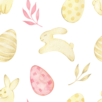 Watercolor seamless pattern for Easter. Easter bunnies, Easter eggs and branches with leaves. Cute print for holiday design and decoration. Happy Easter, packaging design, background png
