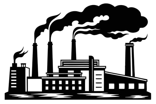 Industrial Factory Black Silhouettes with Smoke Stacks against White Backdrop vector