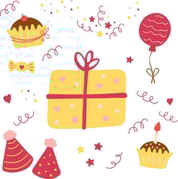 Birthday celebration flat set party hat features a colorful illustration with gifts, balloons, cupcakes, and festive decorations. Ideal for birthdays, anniversaries, baby showers vector