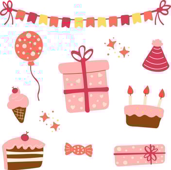 Happy Birthday illustration with festive gift boxes, balloons, cakes, candy, and decorations. Ideal for birthdays, baby showers, weddings vector