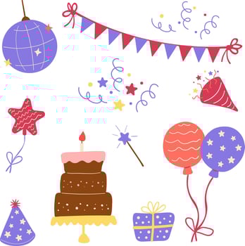 Birthday celebration flat set cake and garland includes a colorful cake with a candle, bright balloons, a festive garland, and a gift box. Perfect for greeting cards, invitations, posters vector
