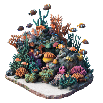 A 3D vibrant coral reef filled with colorful fish, isolated on transparent background png