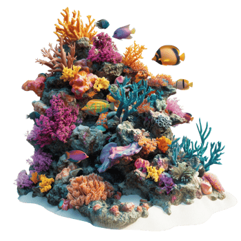 A beautiful vibrant coral reef with schools of colorful fish, isolated on transparent background png