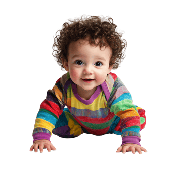 Adorable Baby with Curly Hair Taking First Steps Wearing a Bright Colorful Outfit Full of Curiosity and Determination png