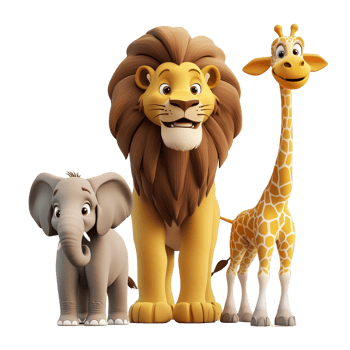 A 3D Safari Squad featuring a majestic lion, playful elephant, and curious giraffe, standing together isolated on transparent background png