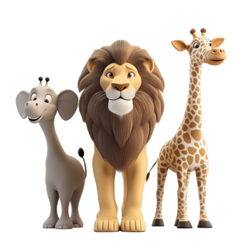 A 3D Safari Squad featuring lion, elephant, and giraffe standing side by side, isolated on transparent background png