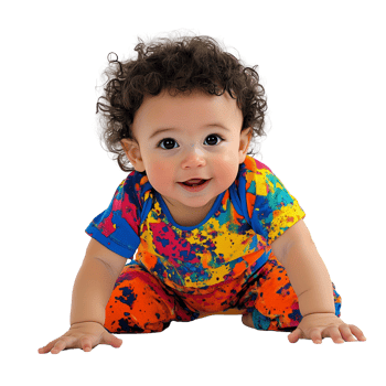 Baby with Curly Hair Taking First Steps Looking Curious and Determined in Colorful Outfit Isolated on Transparent Background png