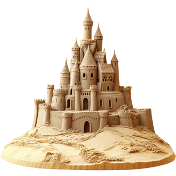 Detailed sandcastle with beautiful windows and doors, set on a golden shore, Isolated on transparent Background png