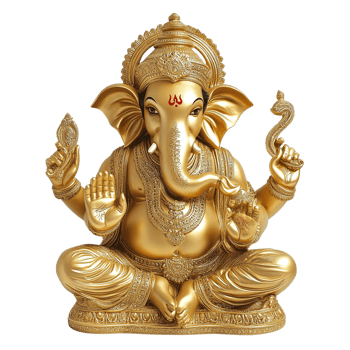 A beautifully detailed golden idol of Lord Ganesh, isolated transparent background png