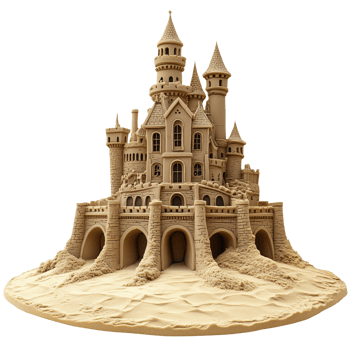 Stunning sandcastle with ornate windows and doors, standing tall on a golden shore, Isolated on transparent Background png