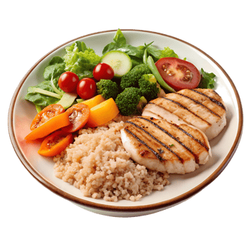 Delicious Grilled Chicken and Quinoa Meal with Fresh Vegetables Isolated on Transparent Background png