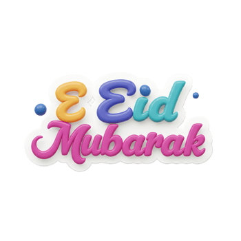 A cheerful Eid Mubarak message The words are rendered in bright, 3D, playful lettering, perfect for a festive celebration. png