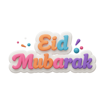 Joyful Eid Mubarak message Pastel 3D lettering pops against a white background, adding a cheerful and celebratory feel. png