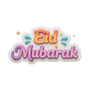 A cheerful Eid Mubarak greeting Pastel-colored, 3D lettering sits on a cloud, accented by playful sparkles and water splashes. Perfect for festive celebrations png