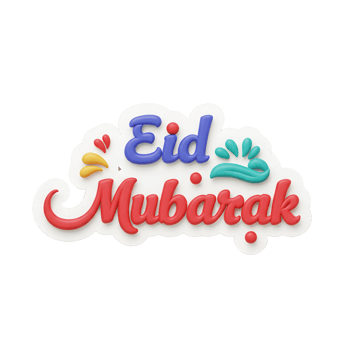 A cheerful Eid Mubarak greeting in vibrant 3D lettering Red, blue, and teal text pops against a white background, enhanced by playful, colorful accents. png