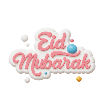 A cheerful Eid Mubarak greeting Pink script lettering pops against a white cloud-like background, accented by small colorful bubbles. Festive and fun png
