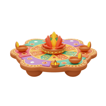 A vibrant, 3D-rendered Diwali rangoli bursts with color. Lit diyas surround a central, ornate design, creating a festive and joyful mood. png