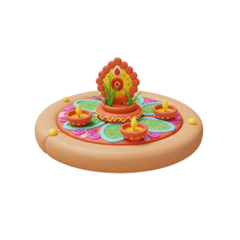A delightful 3D rendering of a vibrant rangoli design featuring lit diyas, creating a warm and festive mood. Intricate details and cheerful colors shine png