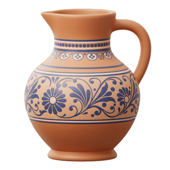 A charming terracotta pitcher, adorned with a delicate blue floral pattern, exudes rustic elegance. The warm tones and intricate details create a peaceful, inviting mood. png