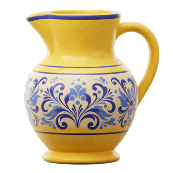 A charming yellow ceramic pitcher, adorned with a delightful blue floral pattern, evokes a rustic Mediterranean feel. Its elegant curves and handcrafted style create a warm, inviting atmosphere. png