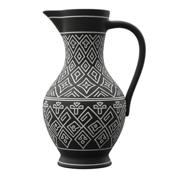 A striking black ceramic pitcher showcases a sophisticated geometric pattern. Its elegant shape and intricate design create a timeless and refined aesthetic. png