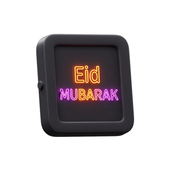 Glowing neon 'Eid Mubarak' in warm orange and purple illuminates a sleek, dark frame, creating a vibrant and celebratory digital design. png