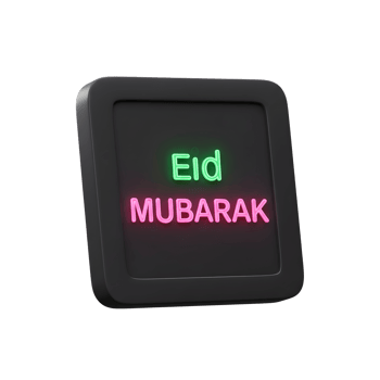 A sleek black signboard displays a vibrant 'Eid Mubarak' message in neon green and pink. The modern design creates a festive, celebratory mood. png