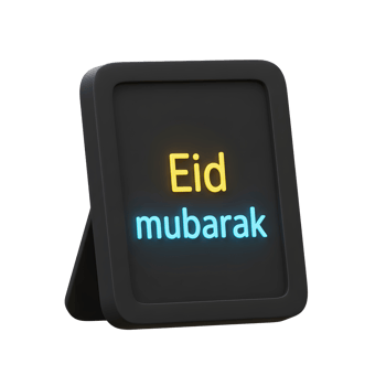 A sleek black frame displays a vibrant 'Eid Mubarak' greeting in neon yellow and blue, creating a modern and festive mood. Perfect for celebrations png