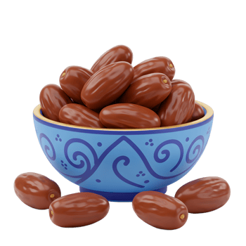 A blue and gold bowl overflows with plump, glistening dates. The rich brown of the fruit contrasts beautifully with the vibrant bowl, creating a warm and inviting image. png