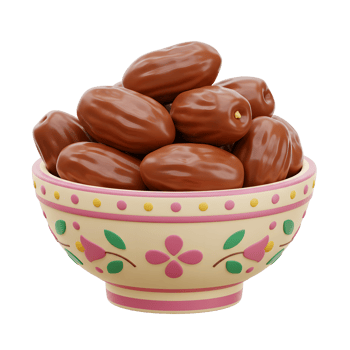 A charming bowl, adorned with floral designs, overflows with plump, glossy dates. Warm, inviting, and subtly sweet. png