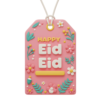 A charming pink tag wishes a Happy Eid Pretty 3D flowers and leaves surround the message, creating a festive and joyful mood. png