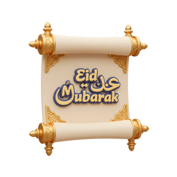 A regal scroll unfurls, revealing exquisite gold and navy Eid Mubarak calligraphy. Elegant, festive, and perfect for celebrations png