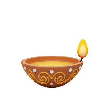 A warm, inviting glow emanates from this ornate clay diya, its yellow oil shimmering, ready to light up the festivities. Intricate swirls and dots adorn its surface. png